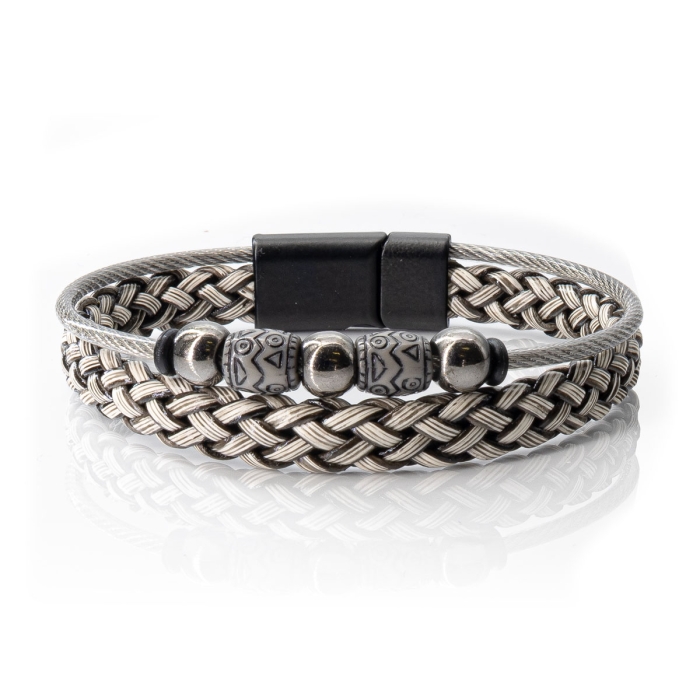 Bransoletka skórzana biało-srebrna - skóra naturalna + koraliki EM