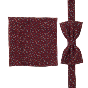 Zestaw prezentowy dla mężczyzny w kolorze bordowym w drobne kwiaty: mucha + poszetka zapakowane w pudełko EM