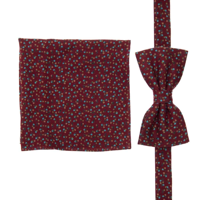 Zestaw prezentowy dla mężczyzny w kolorze bordowym w drobne kwiaty: mucha + poszetka zapakowane w pudełko EM
