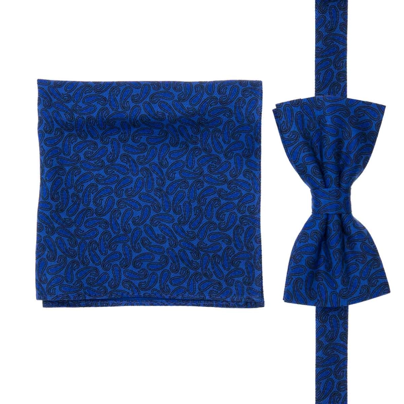 Zestaw prezentowy dla mężczyzny w kolorze niebieskim w paisley: mucha + poszetka zapakowane w pudełko EM