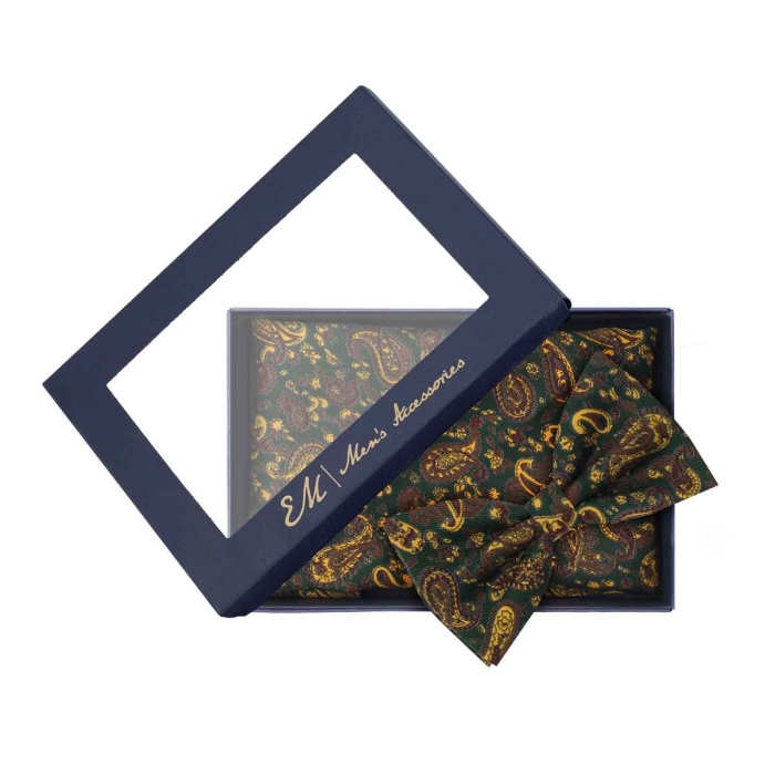 Zestaw prezentowy dla mężczyzny w kolorze ciemno zielonym w paisley: mucha + poszetka zapakowane w pudełko EM