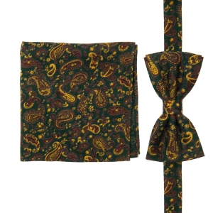Zestaw prezentowy dla mężczyzny w kolorze ciemno zielonym w paisley: mucha + poszetka zapakowane w pudełko EM