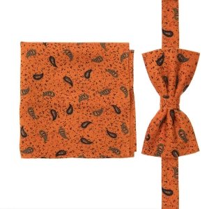 Zestaw prezentowy dla mężczyzny w kolorze pomarańczowym w paisley: mucha + poszetka zapakowane w pudełko EM