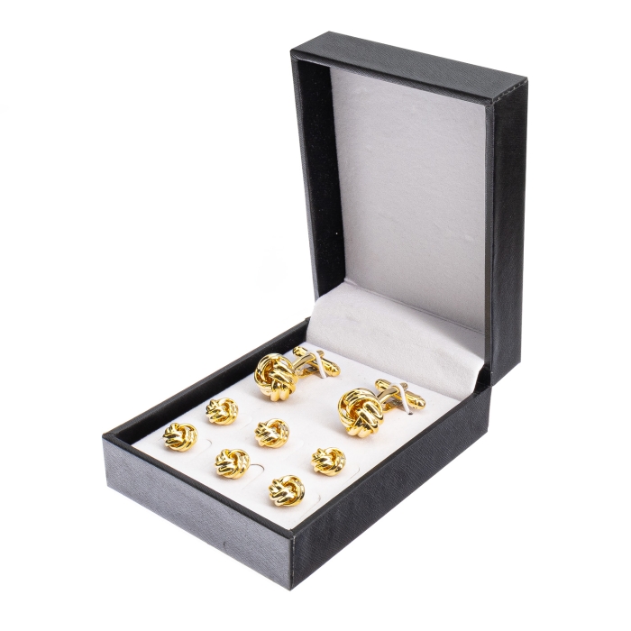 Zestaw spinki do mankietów, guziki smokingowe złote węzełki EM