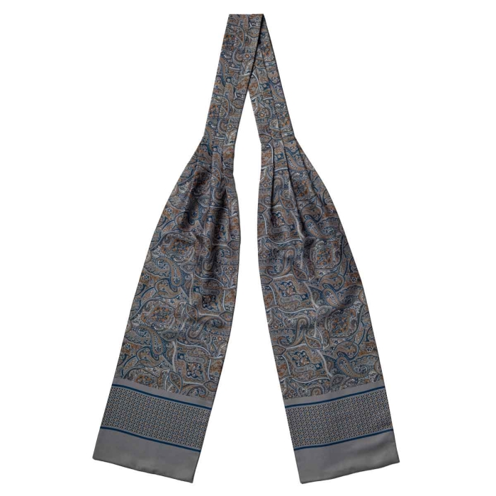 Fular - askot jedwabny szary - brązowy - niebieski elegancki w paisley / mikrowzór EM
