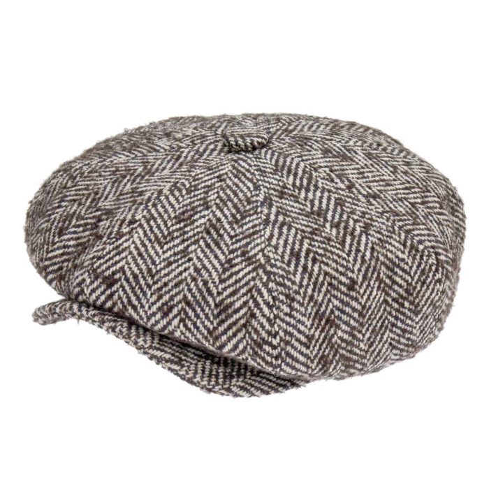 Kaszkiet wełniany w stylu Harris Tweed / Peaky Blinders - cyklistówka - jodełka - brązowa