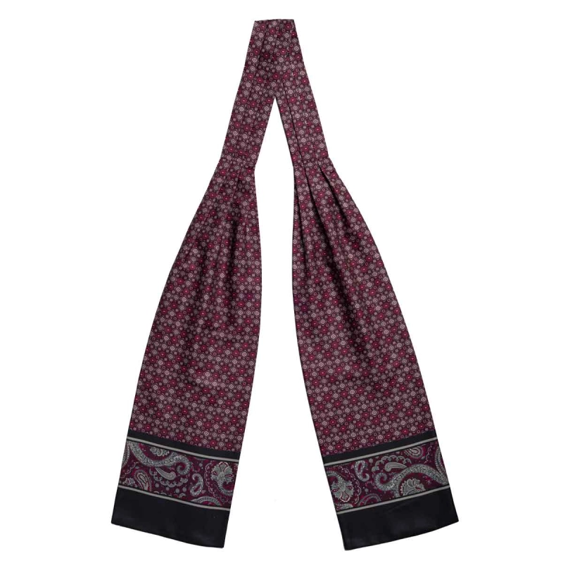 Fular - askot jedwabny bordowy - czarny elegancki w mikrowzór / paisley EM