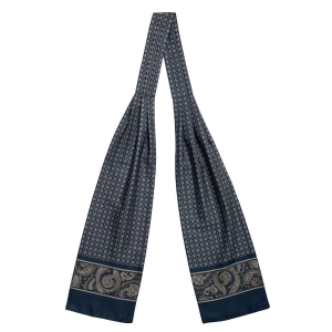 Fular - askot jedwabny granatowy - beżowy elegancki w mikrowzór / paisley EM