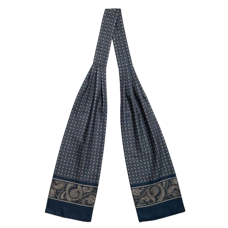 Fular - askot jedwabny granatowy - beżowy elegancki w mikrowzór / paisley EM