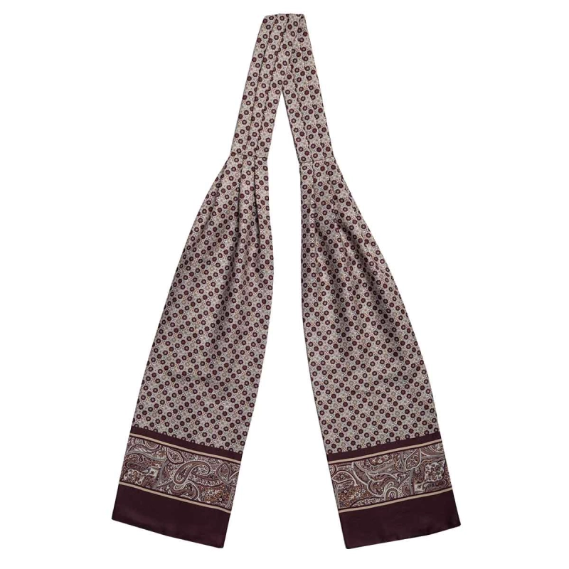 Fular - askot jedwabny beżowy - bordowy elegancki w mikrowzór / paisley EM
