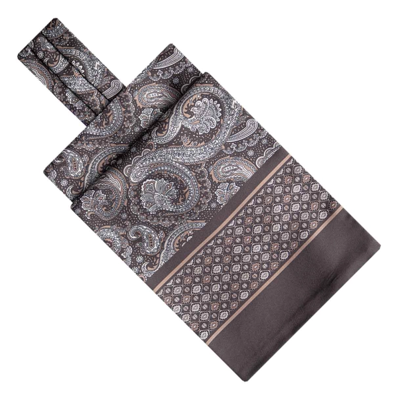 Fular - askot jedwabny czekoladowo - beżowy elegancki w paisley / mikrowzór EM
