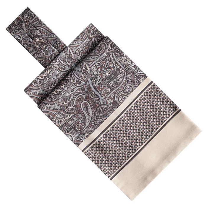 Fular - askot jedwabny brązowy - szary elegancki w paisley / mikrowzór EM