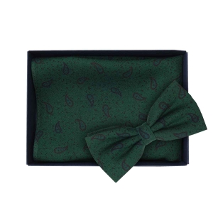 Zestaw prezentowy dla mężczyzny w kolorze ciemnozielonym w paisley: mucha + poszetka zapakowane w pudełko EM