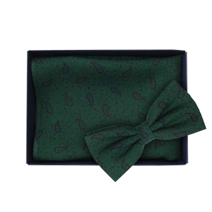 Zestaw prezentowy dla mężczyzny w kolorze ciemnozielonym w paisley: mucha + poszetka zapakowane w pudełko EM