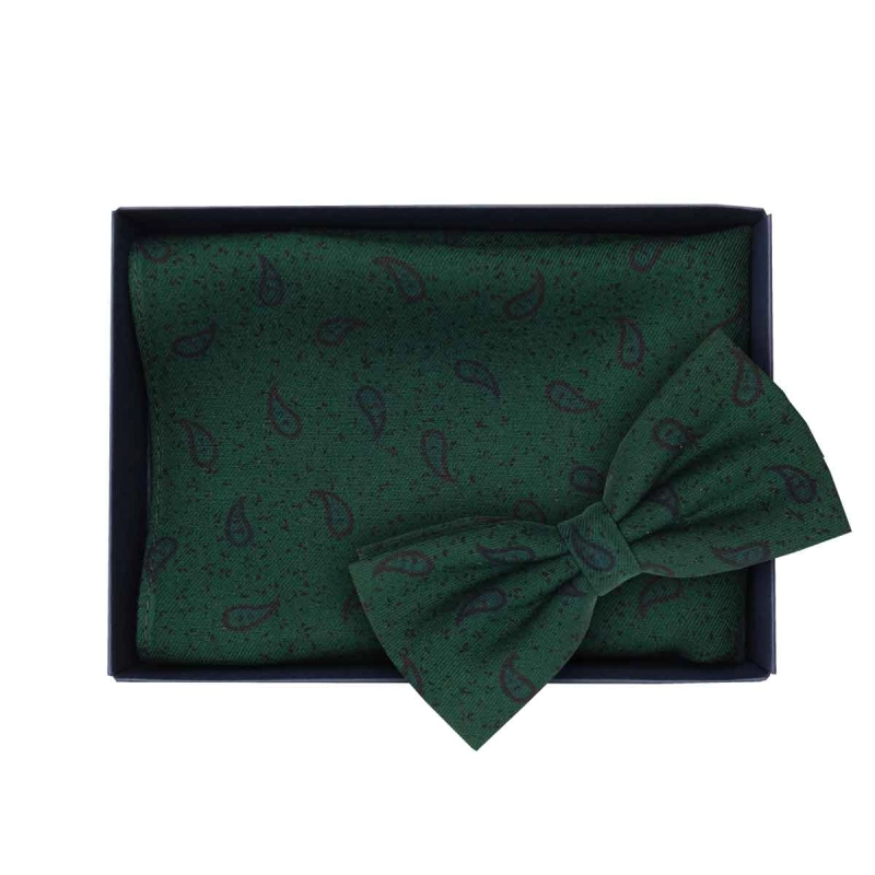 Zestaw prezentowy dla mężczyzny w kolorze ciemnozielonym w paisley: mucha + poszetka zapakowane w pudełko EM