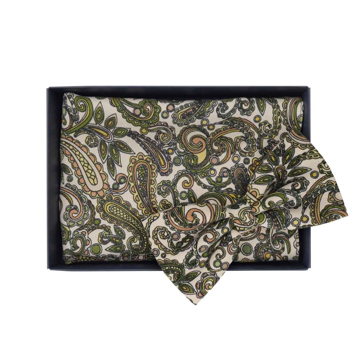 Zestaw prezentowy dla mężczyzny w kolorze białym w paisley: mucha + poszetka zapakowane w pudełko EM