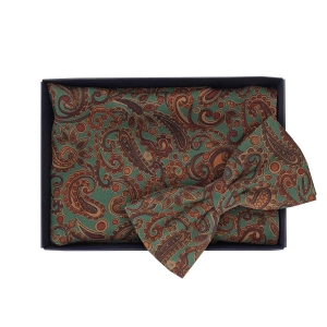 Zestaw prezentowy dla mężczyzny w kolorze zielonym w paisley: mucha + poszetka zapakowane w pudełko EM