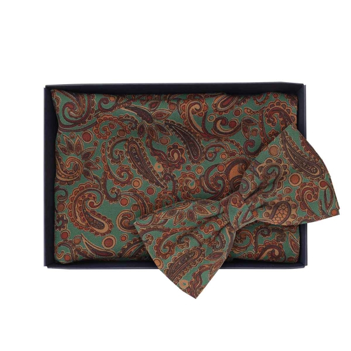Zestaw prezentowy dla mężczyzny w kolorze zielonym w paisley: mucha + poszetka zapakowane w pudełko EM