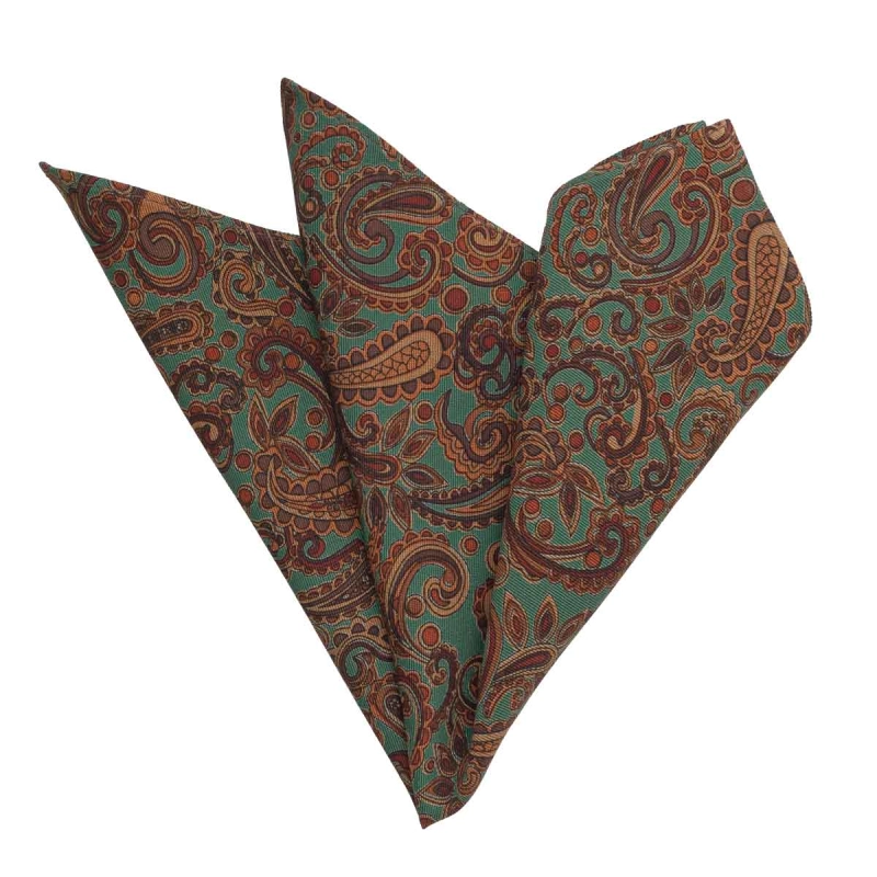 Zestaw prezentowy dla mężczyzny w kolorze zielonym w paisley: mucha + poszetka zapakowane w pudełko EM