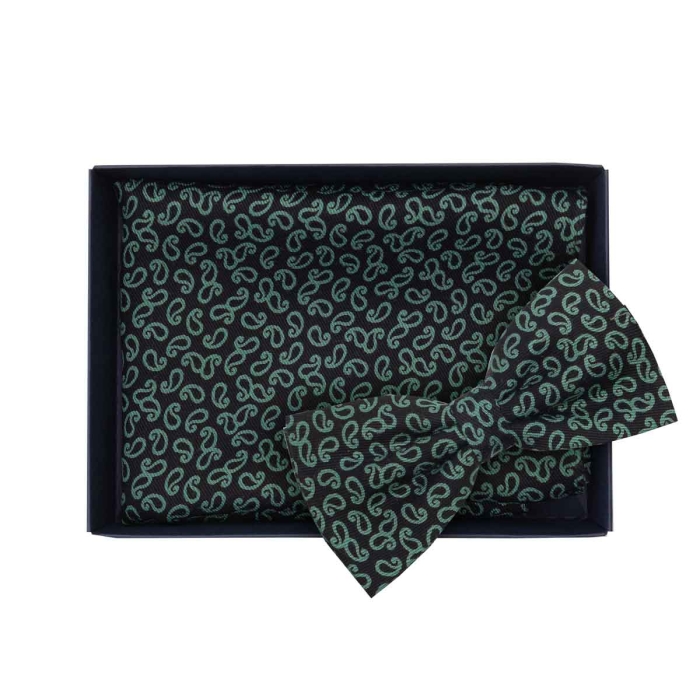 Zestaw prezentowy dla mężczyzny w kolorze zielonym w paisley: mucha + poszetka zapakowane w pudełko EM