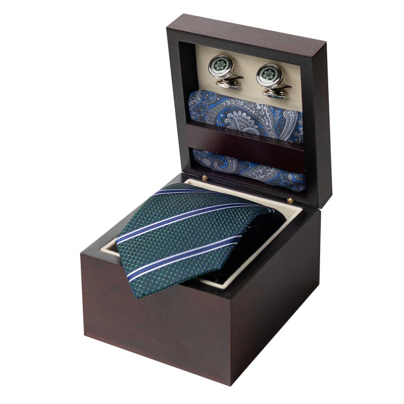 Zestaw Prezentowy dla mężczyzny wykonany z jedwabiu w kolorze zielonym: krawat + poszetka + spinki zapakowane w drewniane pudełko EM 35