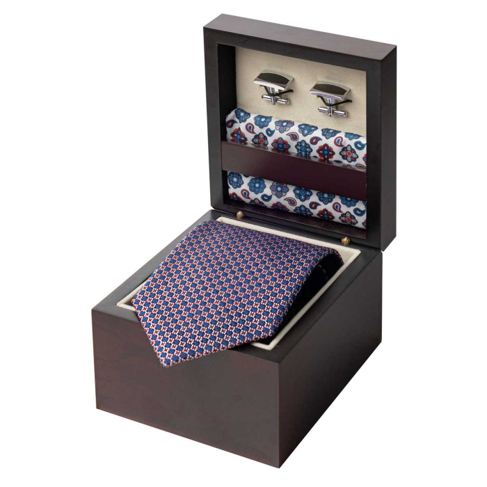Zestaw Prezentowy dla mężczyzny wykonany z jedwabiu w kolorze granatowo - białym: krawat + poszetka + spinki zapakowane w drewniane pudełko EM 35