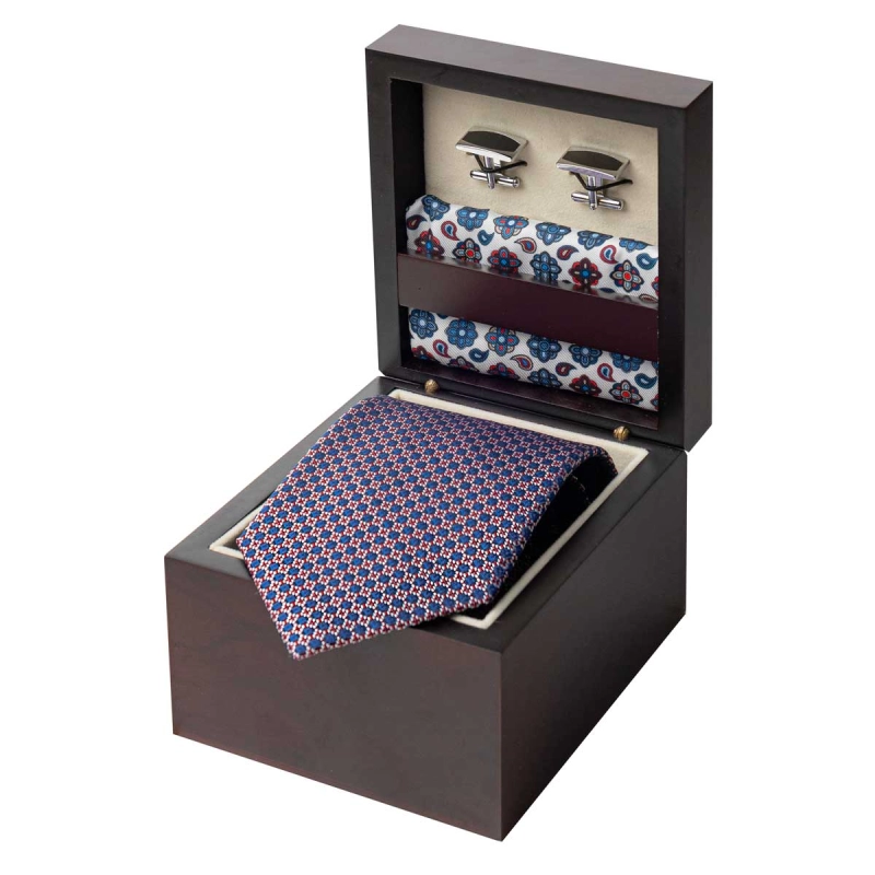 Zestaw Prezentowy dla mężczyzny wykonany z jedwabiu w kolorze granatowo - białym: krawat + poszetka + spinki zapakowane w drewniane pudełko EM 35