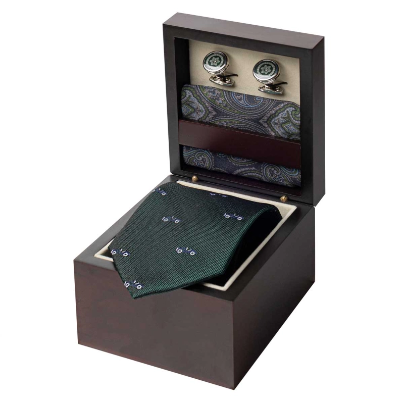 Zestaw Prezentowy dla mężczyzny wykonany z jedwabiu w kolorze zielonym: krawat + poszetka + spinki zapakowane w drewniane pudełko EM 35