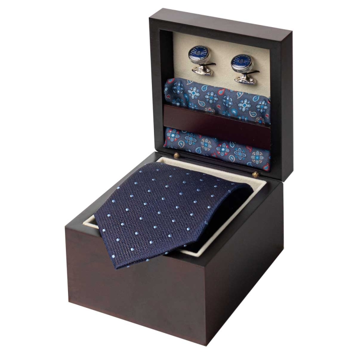 Zestaw Prezentowy dla mężczyzny wykonany z jedwabiu w kolorze granatowym: krawat + poszetka + spinki zapakowane w drewniane pudełko EM 35
