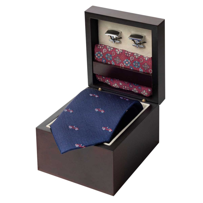 Zestaw Prezentowy dla mężczyzny wykonany z jedwabiu w kolorze granatowo - brodowym: krawat + poszetka + spinki zapakowane w drewniane pudełko EM 35