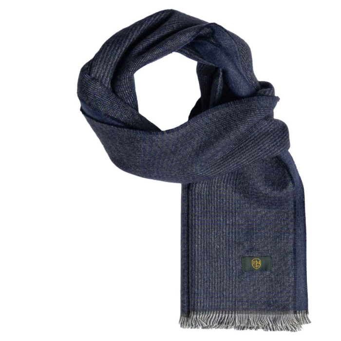 Męski szalik wełniany w kolorze granatowym w kratę dwustronny EM