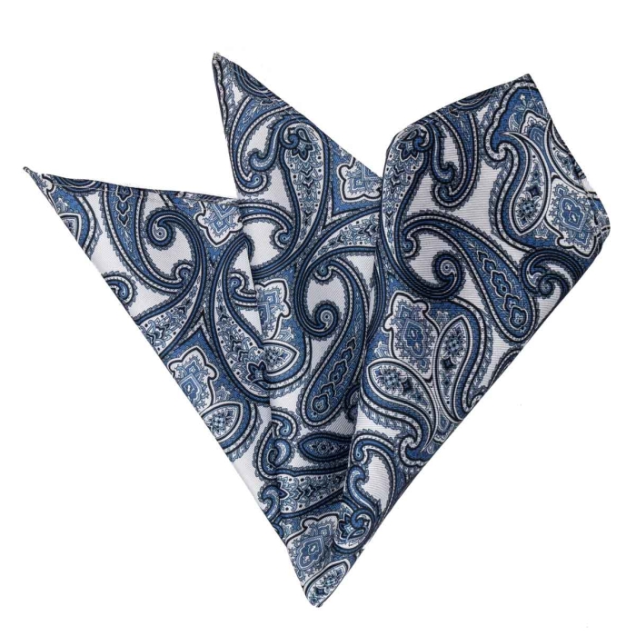 Poszetka jedwabna biało- granatowa w paisley EM