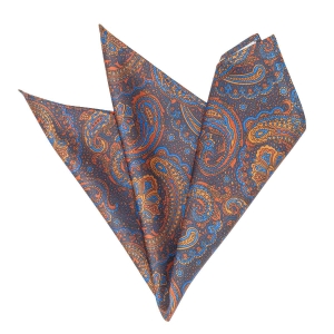 Poszetka jedwabna granatowo- pomarańczowa w paisley EM