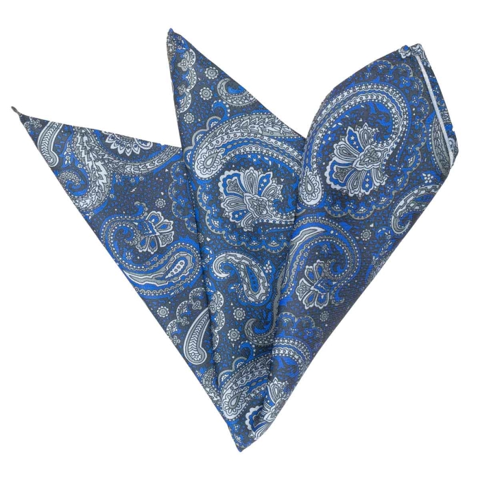 Poszetka jedwabna niebiesko- szara w paisley EM