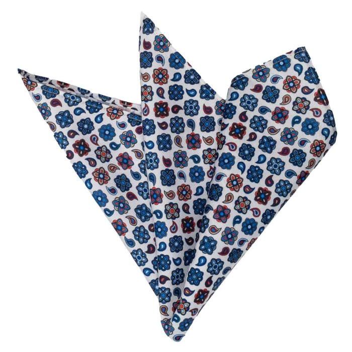 Poszetka jedwabna biała z wzorem roślinnym EM