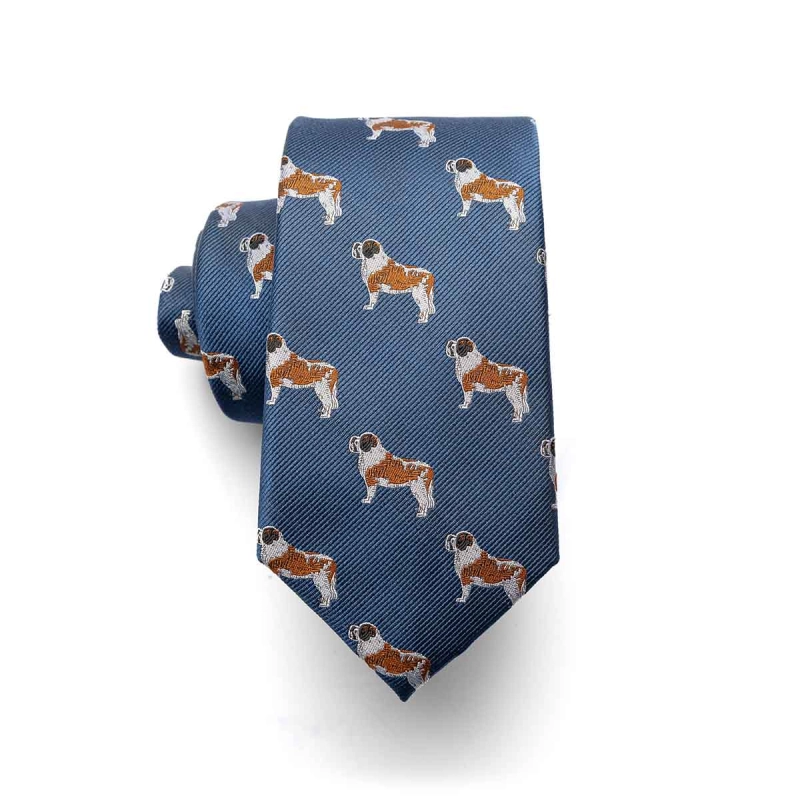 Krawat jedwabny granatowy w pieski - psy - bernardyn - PREMIUM
