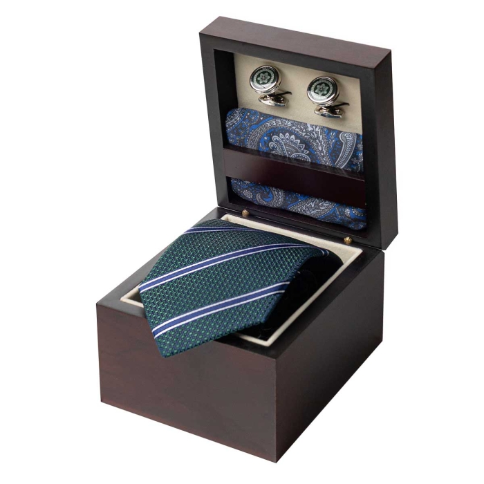 Zestaw Prezentowy dla mężczyzny wykonany z jedwabiu w kolorze zielono - niebieskim: krawat + poszetka + spinki zapakowane w drewniane pudełko EM 35