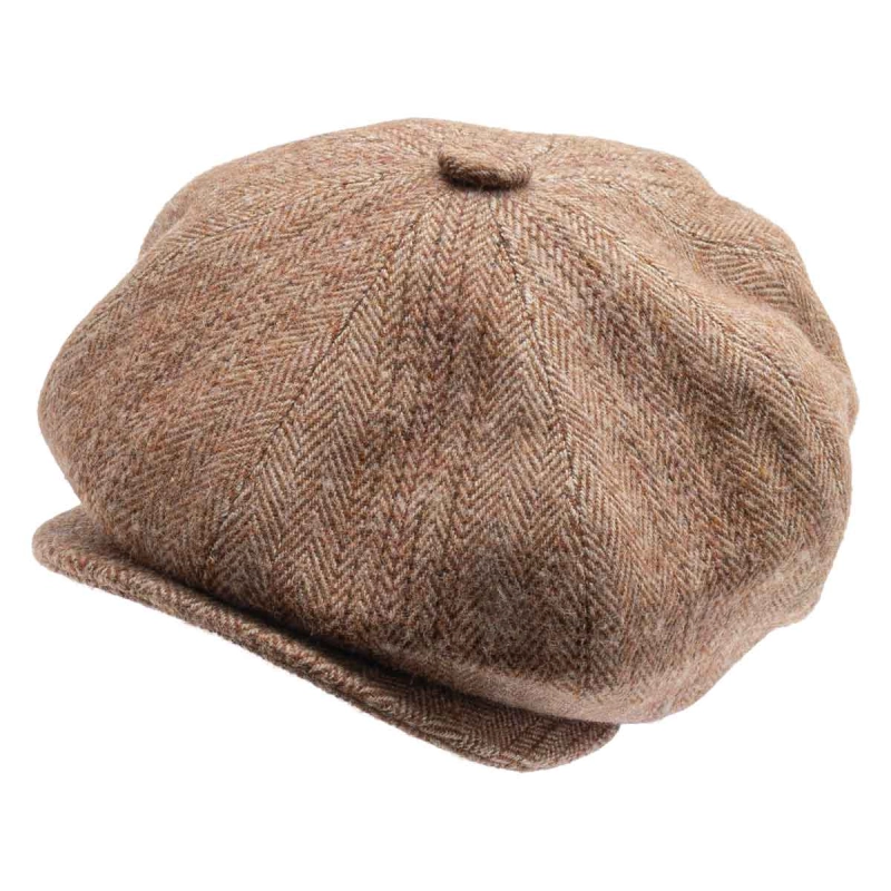 Kaszkiet wełniany Harris Tweed- cyklistówka - kolor brązowy w jodełkę EM