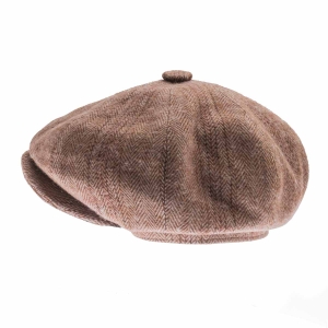 Kaszkiet wełniany Harris Tweed- cyklistówka - kolor brązowy w jodełkę EM