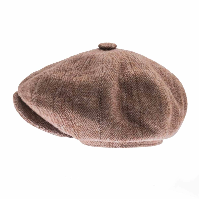 Kaszkiet wełniany Harris Tweed- cyklistówka - kolor brązowy w jodełkę EM