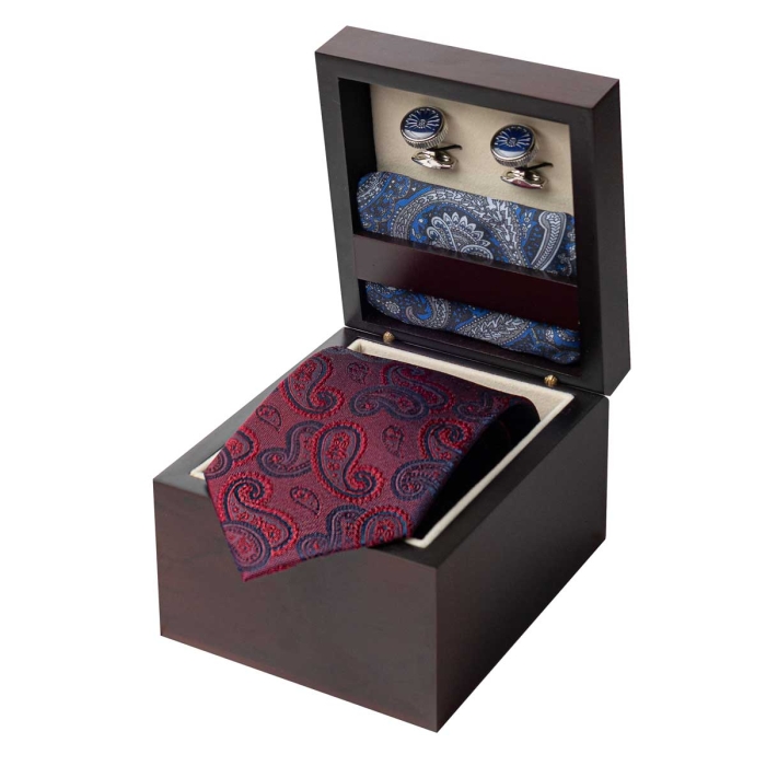 Zestaw Prezentowy dla mężczyzny wykonany z jedwabiu w kolorze bordowo - granatowym: krawat + poszetka + spinki zapakowane w drewniane pudełko EM 35