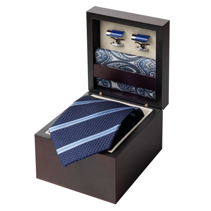 Zestaw Prezentowy dla mężczyzny wykonany z jedwabiu w kolorze granatowo - błękitnym: krawat + poszetka + spinki zapakowane w drewniane pudełko EM 35