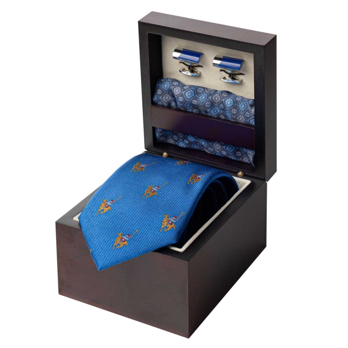 Zestaw Prezentowy dla mężczyzny wykonany z jedwabiu w kolorze niebieskim: krawat + poszetka + spinki zapakowane w drewniane pudełko EM 35