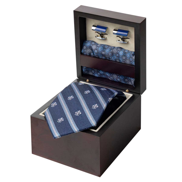 Zestaw Prezentowy dla mężczyzny wykonany z jedwabiu w kolorze granatowo - srebrnym: krawat + poszetka + spinki zapakowane w drewniane pudełko EM 35