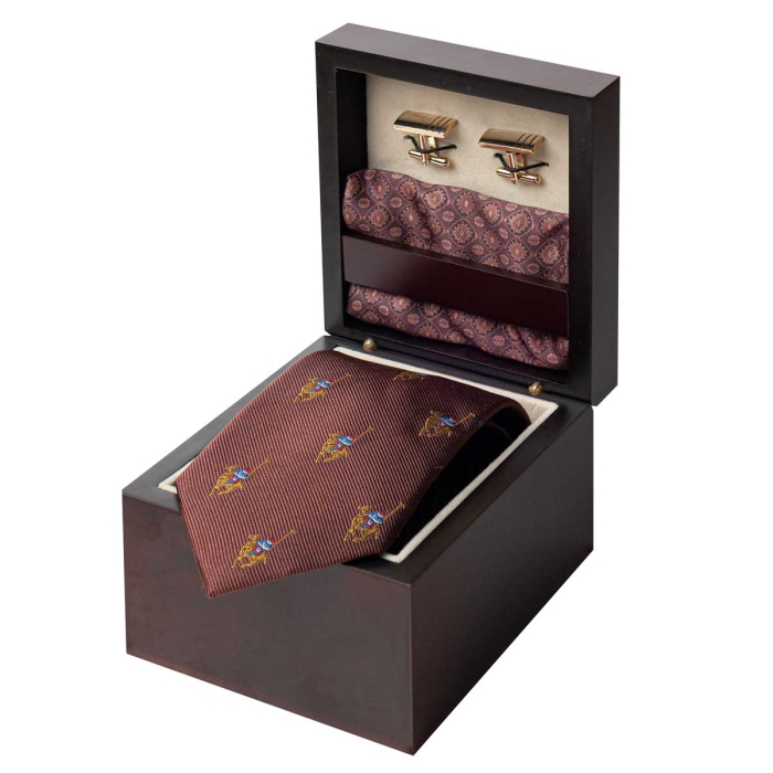 Zestaw Prezentowy dla mężczyzny wykonany z jedwabiu w kolorze brązowo - beżowym: krawat + poszetka + spinki zapakowane w drewniane pudełko EM 35
