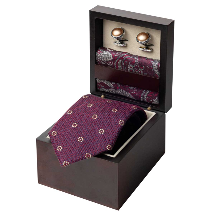 Zestaw Prezentowy dla mężczyzny wykonany z jedwabiu w kolorze bordowo - złotym: krawat + poszetka + spinki zapakowane w drewniane pudełko EM 35