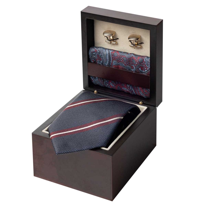 Zestaw Prezentowy dla mężczyzny wykonany z jedwabiu w kolorze granatowo - czerwonym: krawat + poszetka + spinki zapakowane w drewniane pudełko EM 35