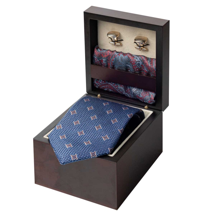 Zestaw Prezentowy dla mężczyzny wykonany z jedwabiu w kolorze niebiesko - bordowym: krawat + poszetka + spinki zapakowane w drewniane pudełko EM 35