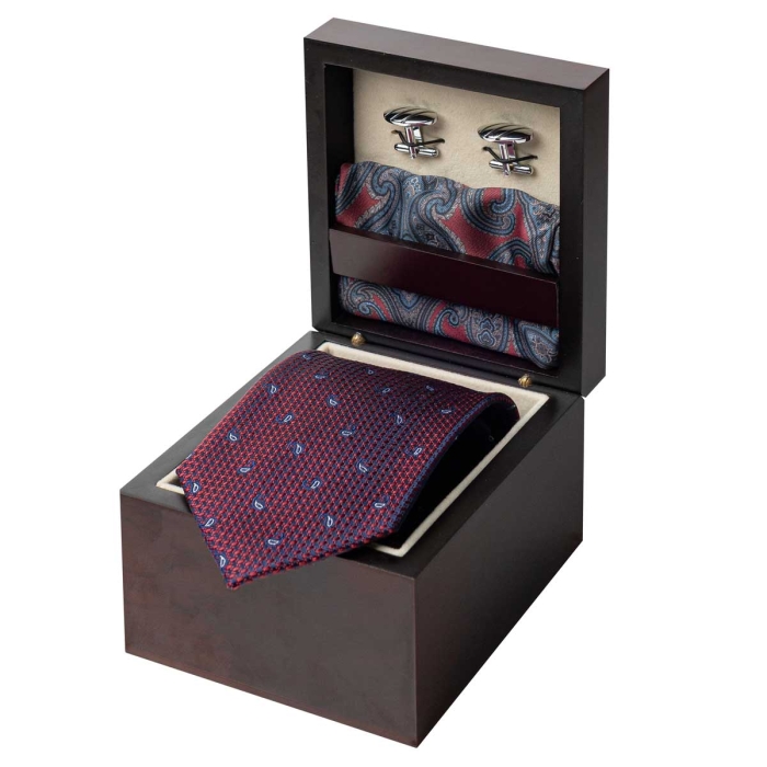 Zestaw Prezentowy dla mężczyzny wykonany z jedwabiu w kolorze bordowo - niebieskim: krawat + poszetka + spinki zapakowane w drewniane pudełko EM 35