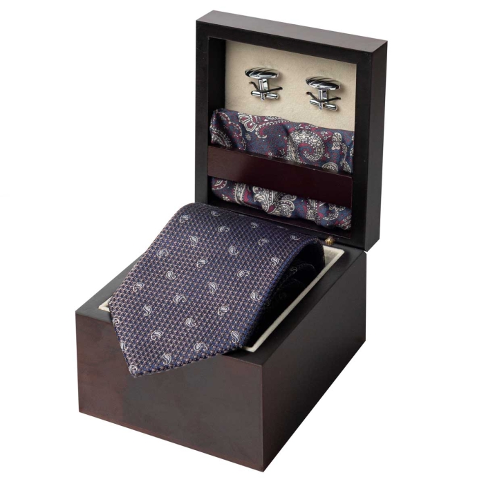 Zestaw Prezentowy dla mężczyzny wykonany z jedwabiu w kolorze granatowo - szarym: krawat + poszetka + spinki zapakowane w drewniane pudełko EM 35